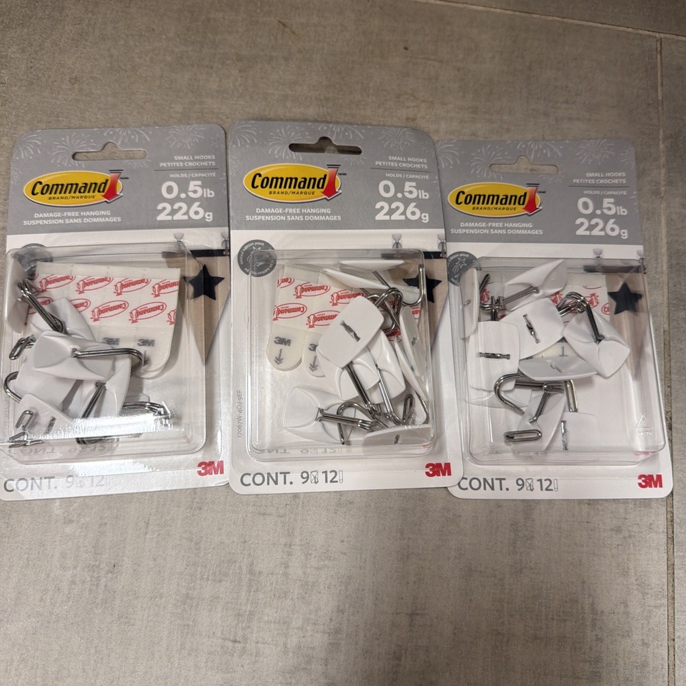Lot of 3 Command Small Plastic Wire Hooks 27 Hooks 36 Strips White 17067-9ES